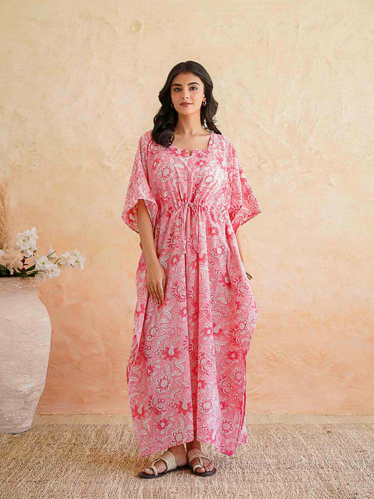Block-Printed Cotton Long Kaftan Pink Jaal