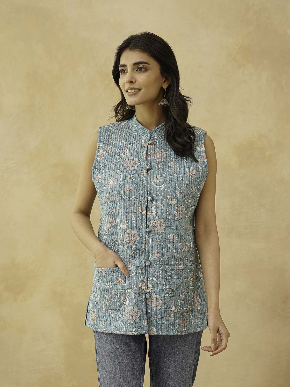 Cotton Printed Sleeveless Quilted Jacket Green Jaal