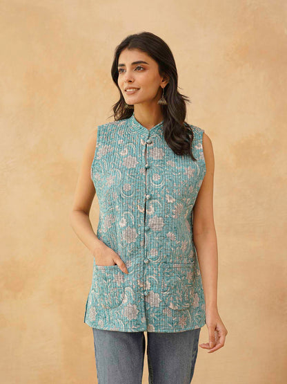 Cotton Printed Sleeveless Quilted Jacket Green Jaal