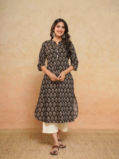 Cotton Pleat Kurta For Women Black