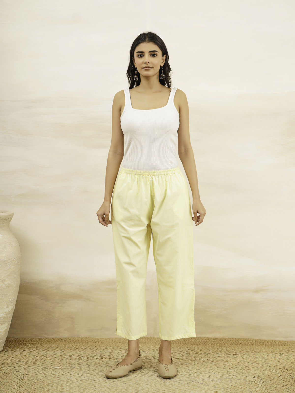 Cotton Solid Ankle Length Pants Yellow