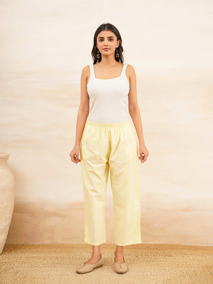 Cotton Solid Ankle Length Pants Yellow