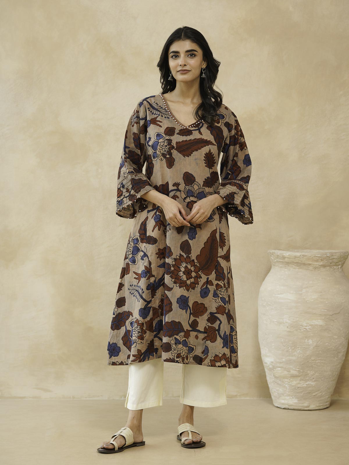 Cotton Printed Ultimate Aline Kurta For Women Beige