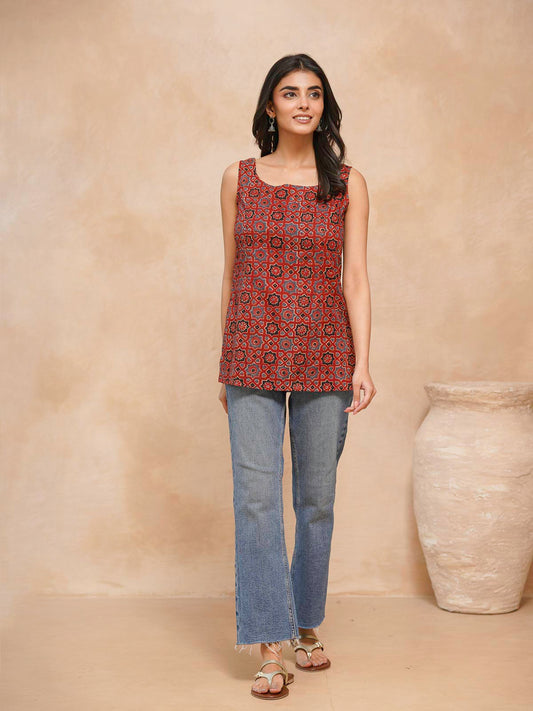 Cotton Printed Stylish Backless Tie-Up Kurti Ajrakh