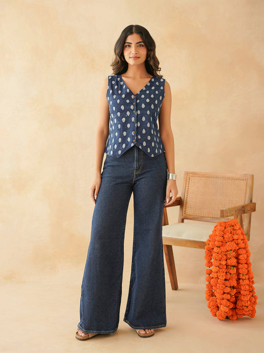 Sleeveless Cotton Block Printed Kothi Top Indigo Booty