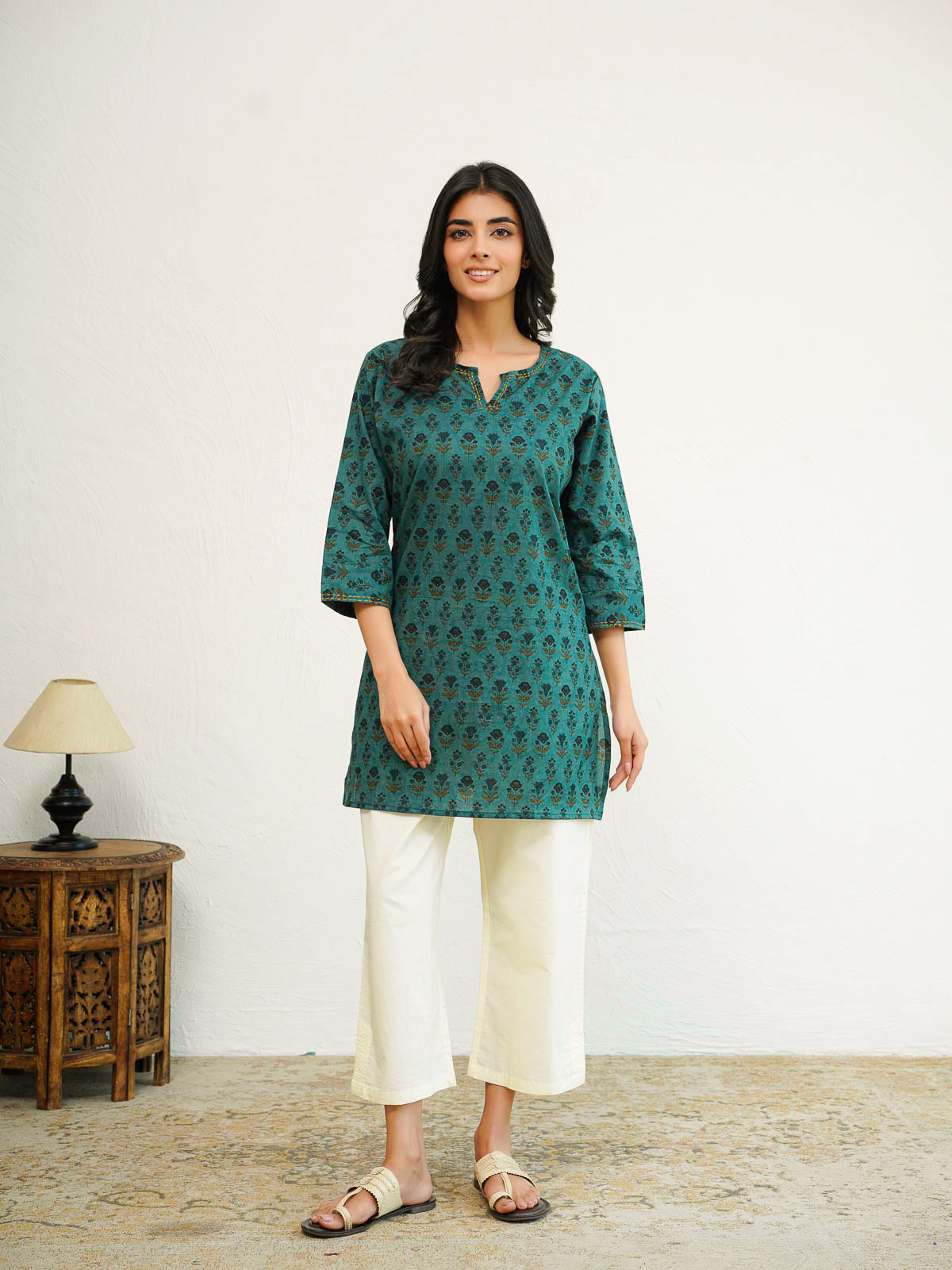 Cotton Printed Kantha Kurta Grey