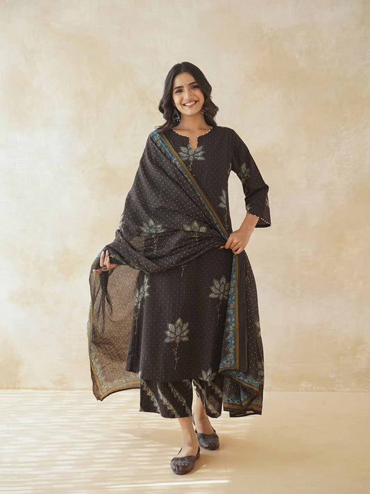 Cotton Printed Aline Geet Kurta Set For Women Brown
