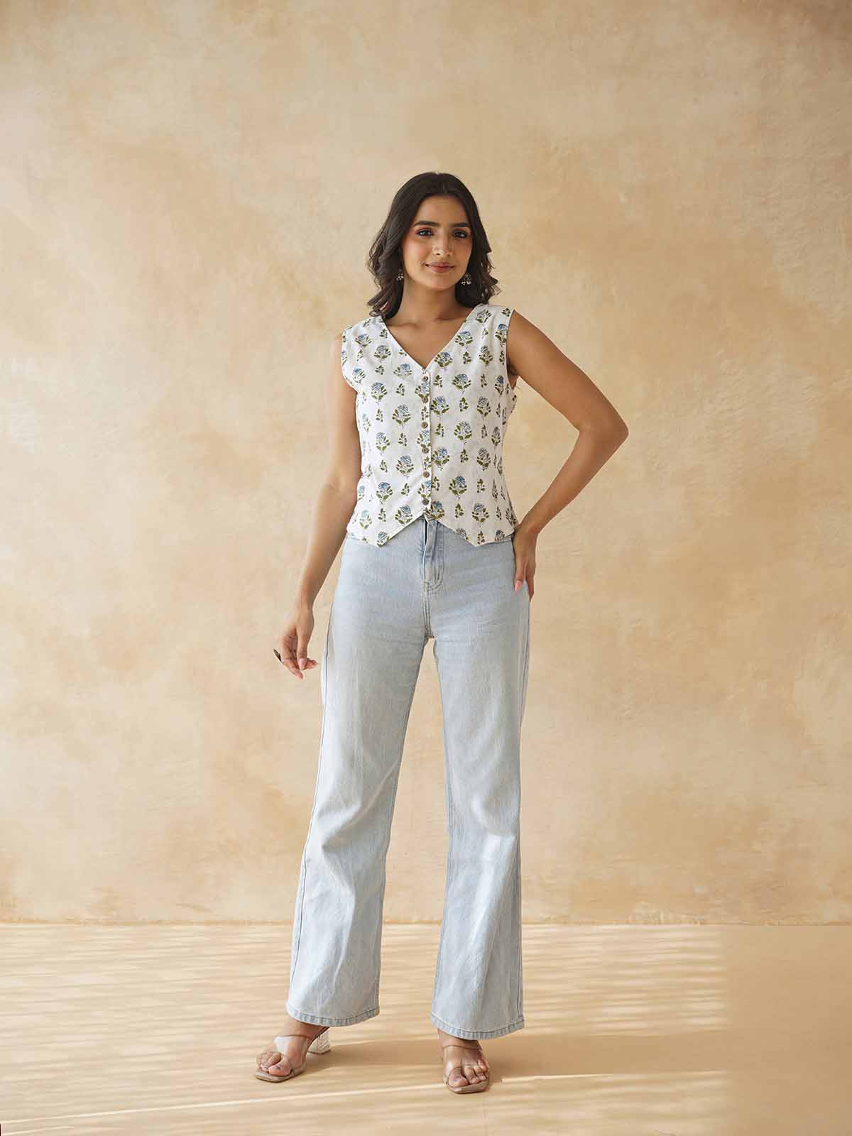 Sleeveless Cotton Block Printed Kothi Top White Booty