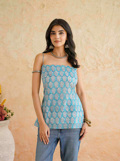 Cotton Sleeveless Strappy Top Sky Blue
