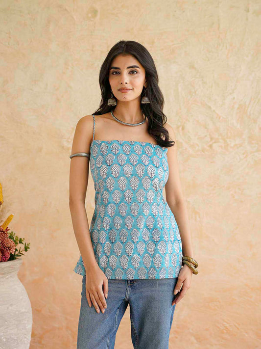 Cotton Sleeveless Strappy Top Sky Blue