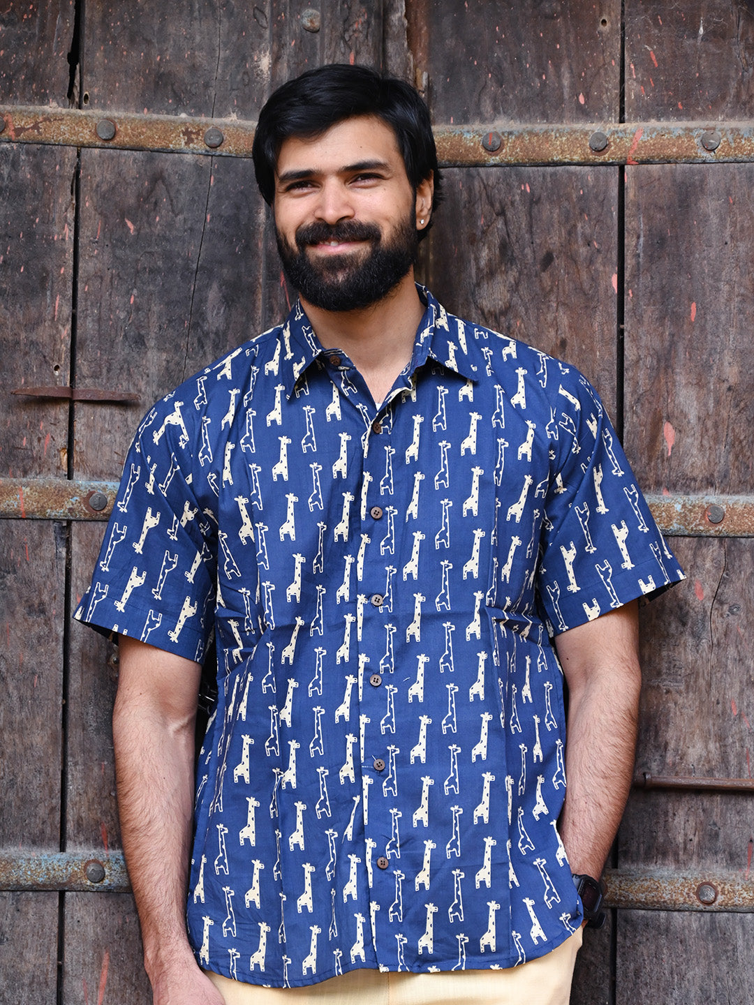 Men's Relaxed Fit Cotton Shirt – Half Sleeves - Blue Giraffe