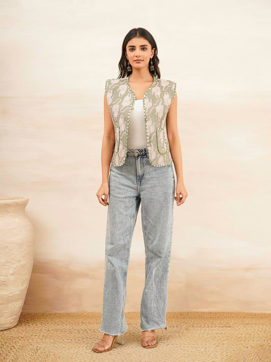 Cotton Printed Crop Sleeveless Quilted Jacket Green