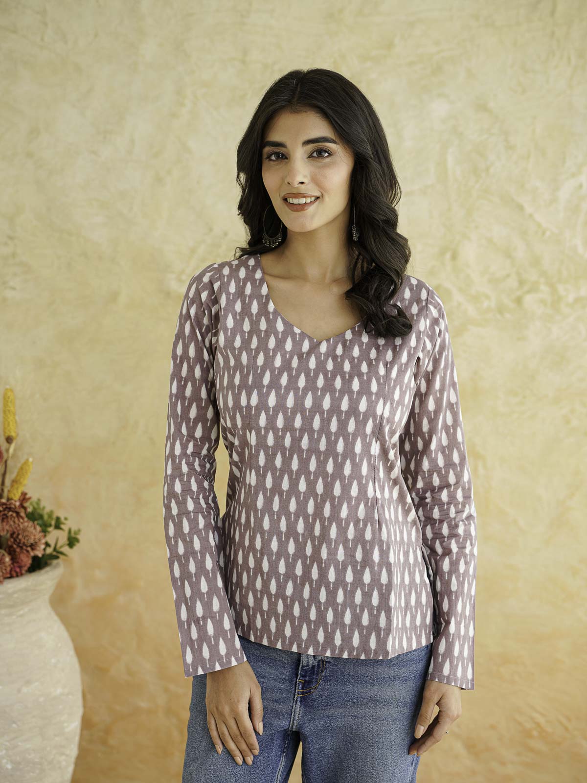 Full Sleeve Cotton Printed Classic Vee Top Purple