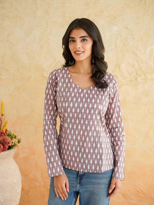 Full Sleeve Cotton Printed Classic Vee Top Purple