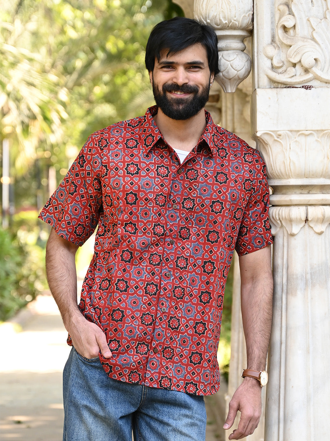 Men's Relaxed Fit Cotton Shirt – Half Sleeves - Red Ajrakh