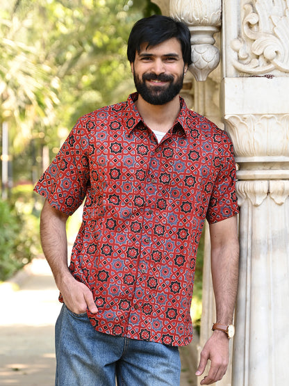 Men's Relaxed Fit Cotton Shirt – Half Sleeves - Red Ajrakh