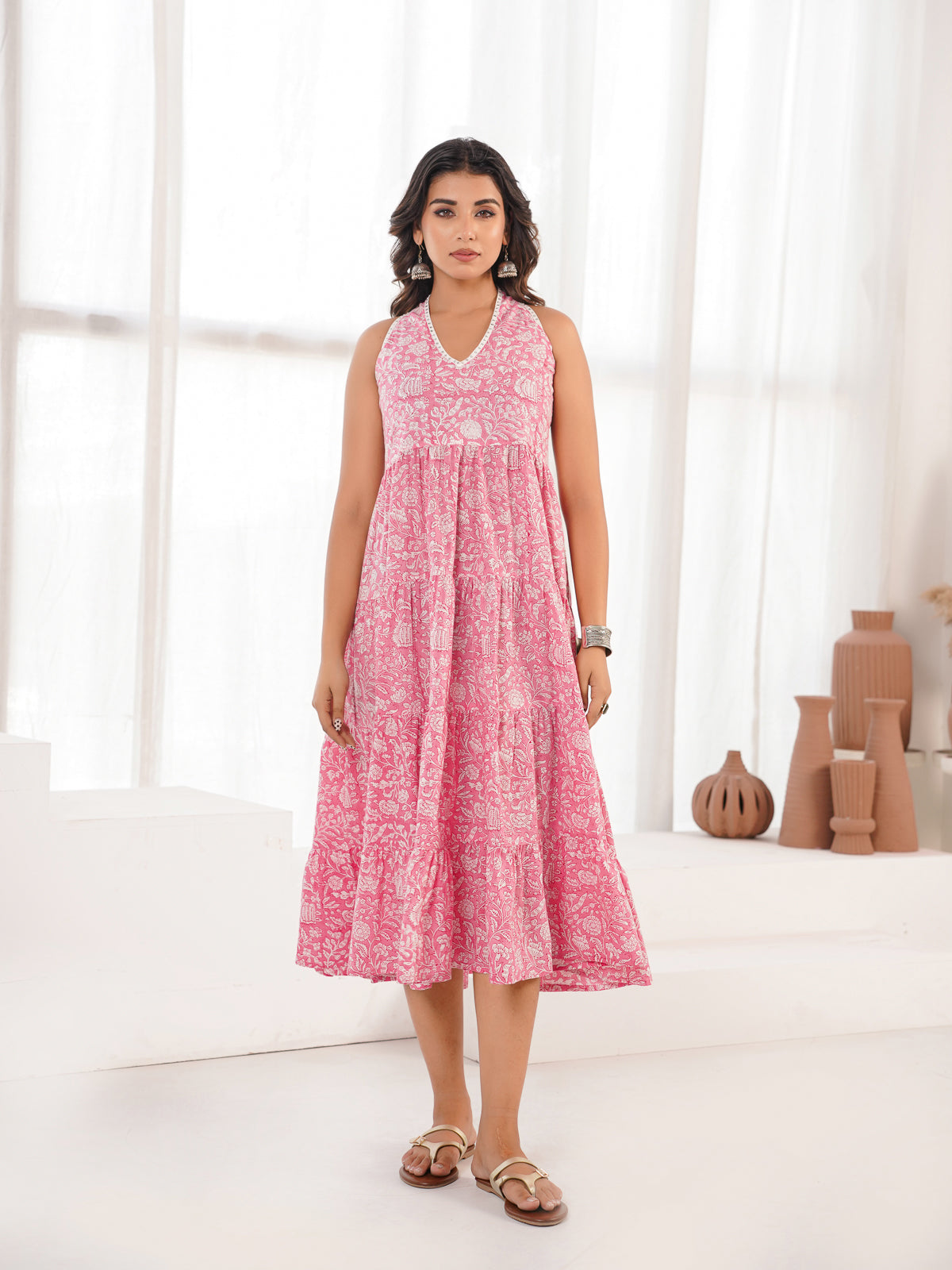 Tiered Halter Neck Dress Pink Jaal
