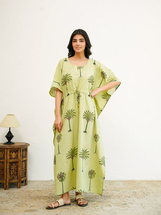 Block-Printed Cotton Long Kaftan Green Tree