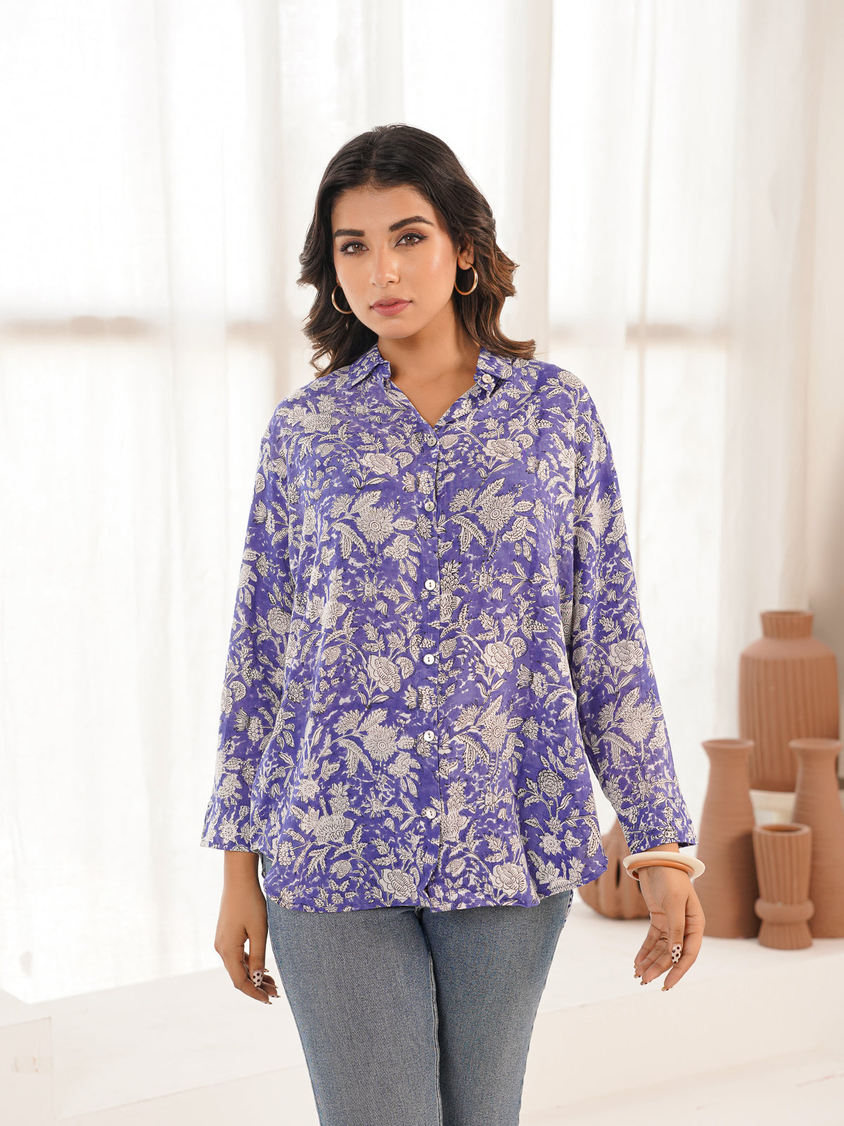 Block Printed Cotton Meher Shirt Blue Jaal