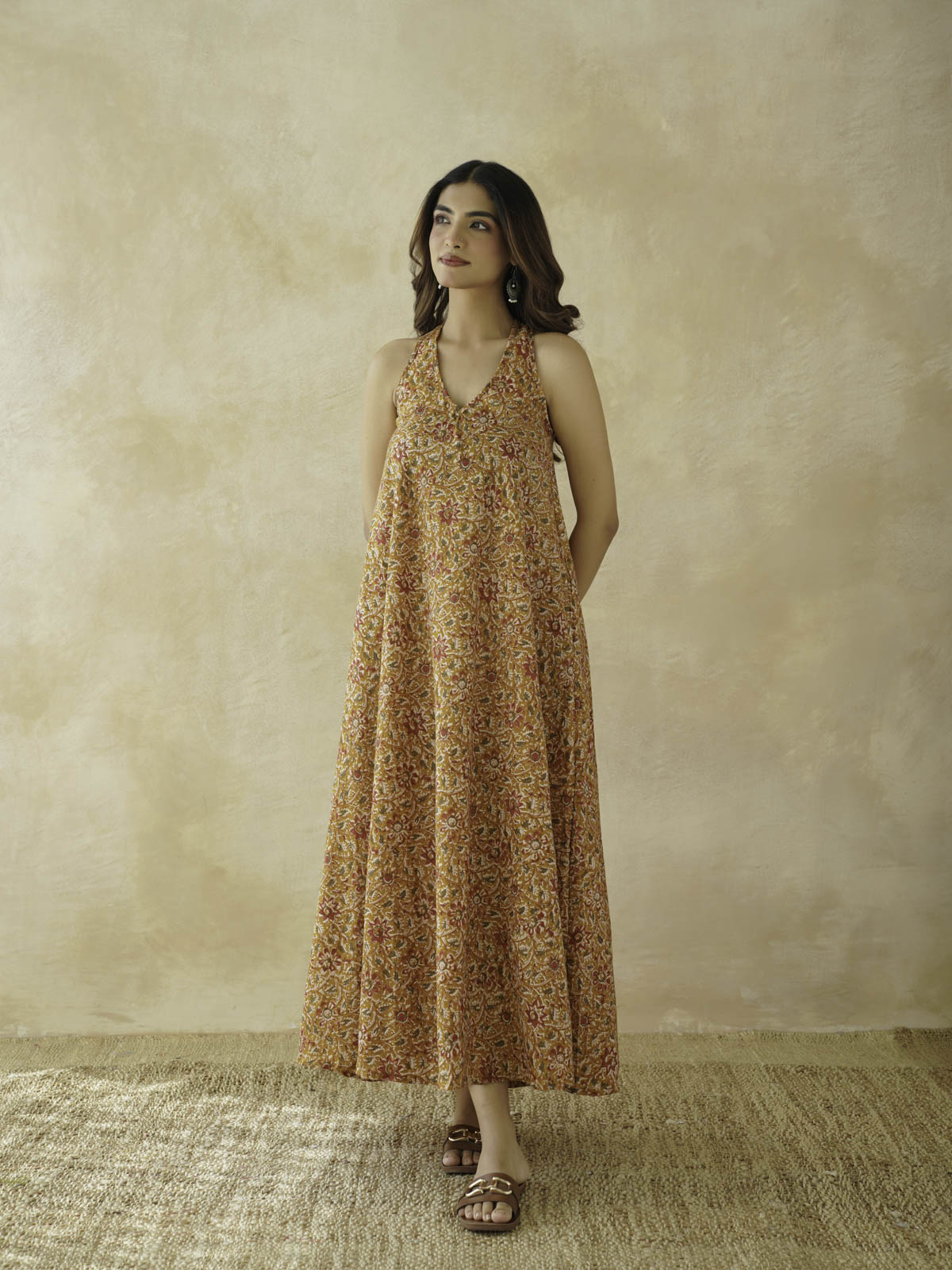 Cotton Printed Aline Moana Dress Mustard