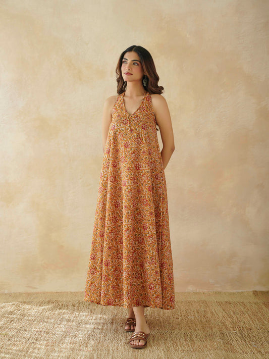 Cotton Printed Aline Moana Dress Mustard