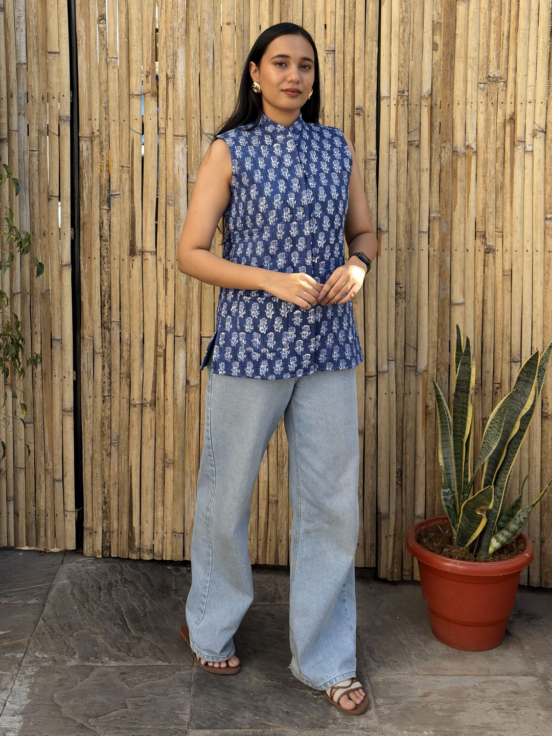 Cotton Printed Sleeveless Quilted Jacket Indigo Booty