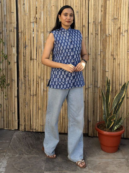 Cotton Printed Sleeveless Quilted Jacket Indigo Booty