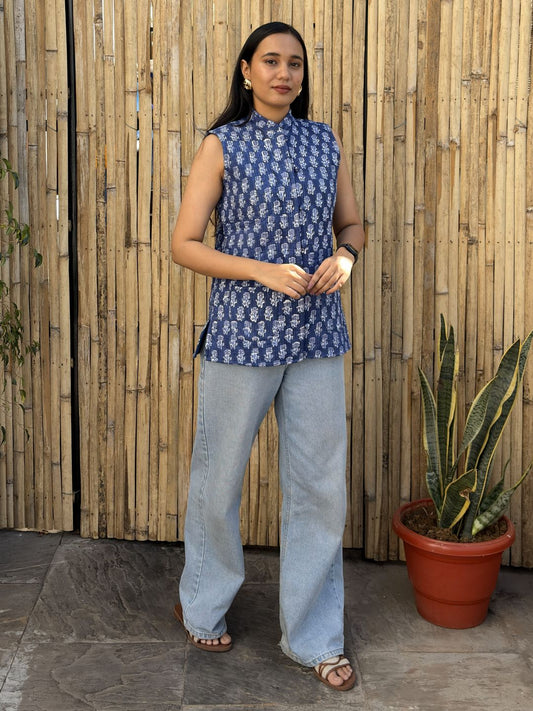 Cotton Printed Sleeveless Quilted Jacket Indigo Booty