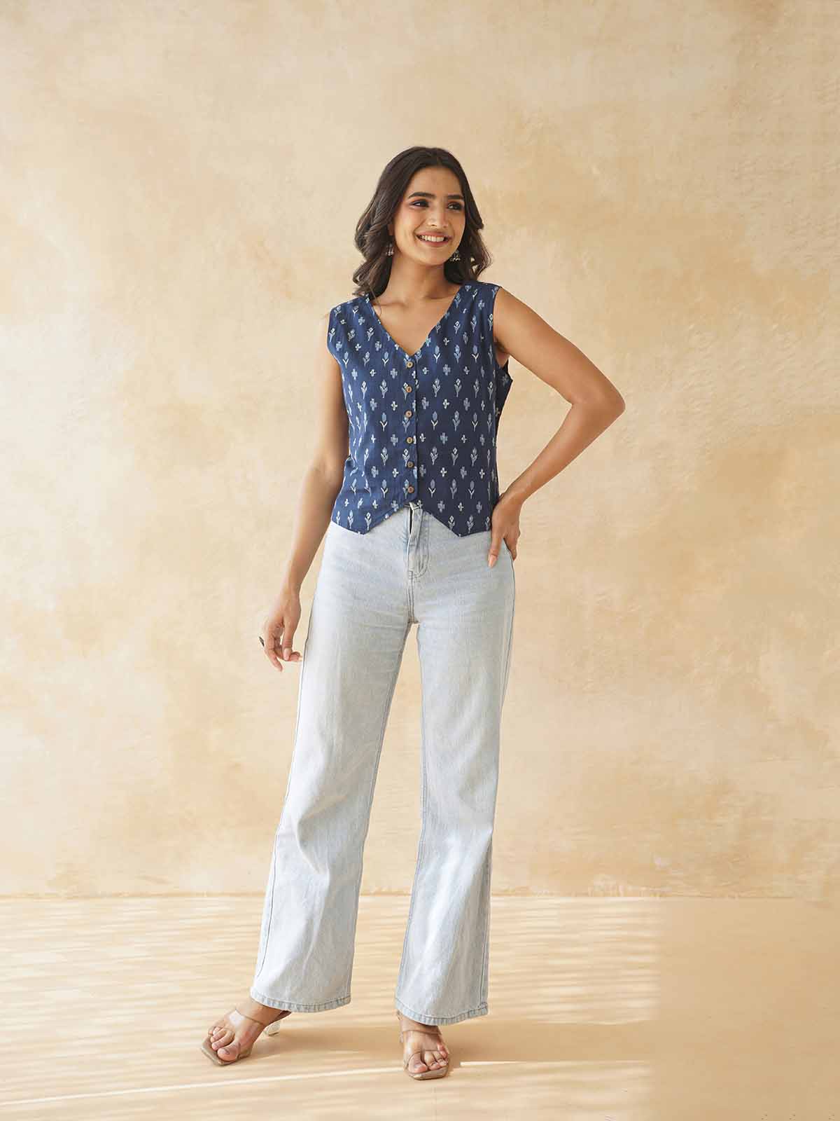 Sleeveless Cotton Block Printed Kothi Top Blue Booty