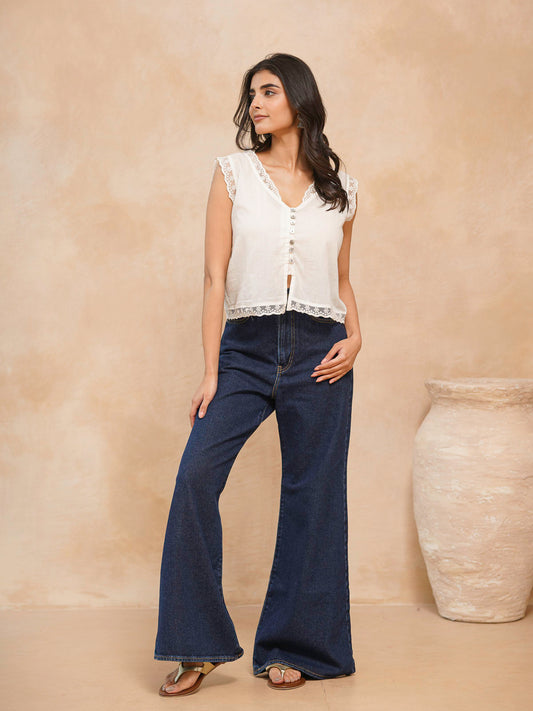 Sleeveless Cotton Printed Daisy Lace Top White