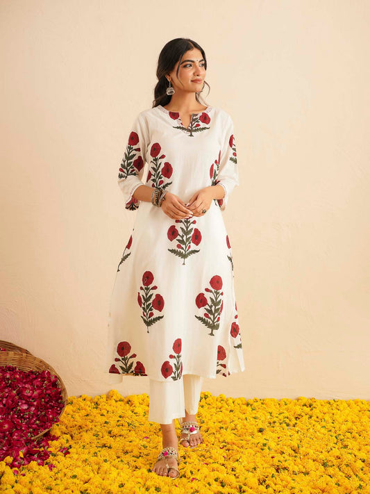 Cotton Printed Kantha Style Set For Women White