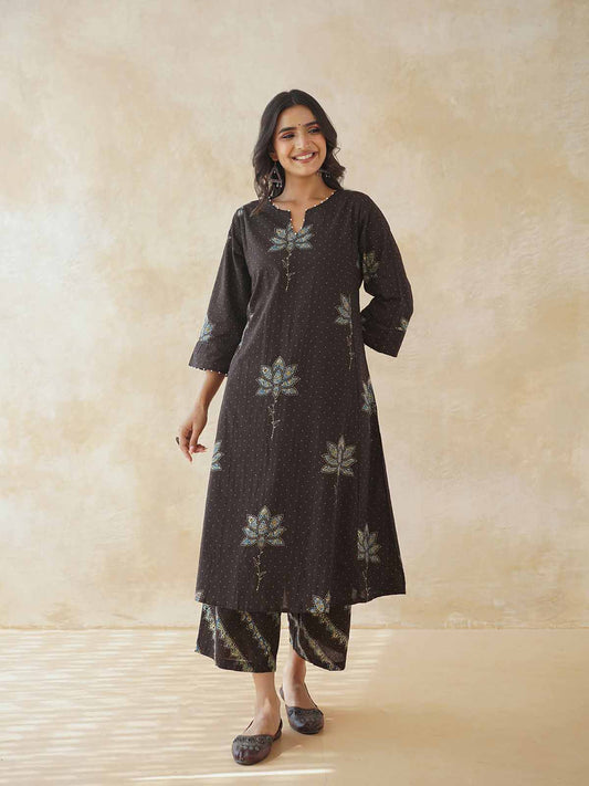 Cotton Printed Aline Gitika Set For Women Brown