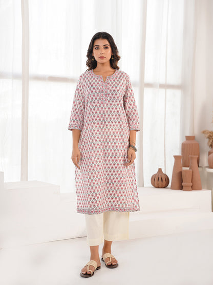 Cotton Block Printed Long Kurta White Booty
