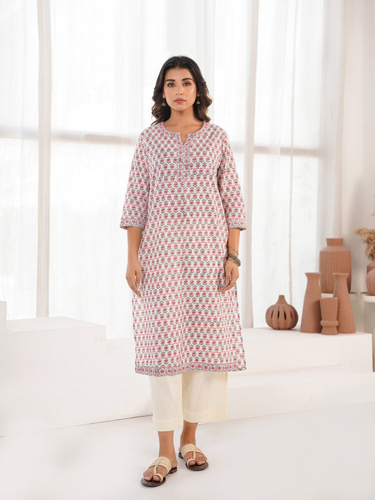Cotton Block Printed Long Kurta White Booty