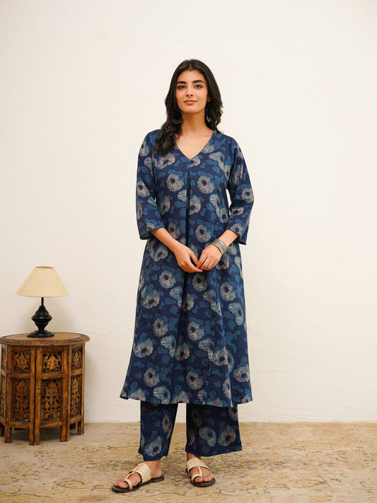 Cotton Printed Noor Aline Set For Women Blue