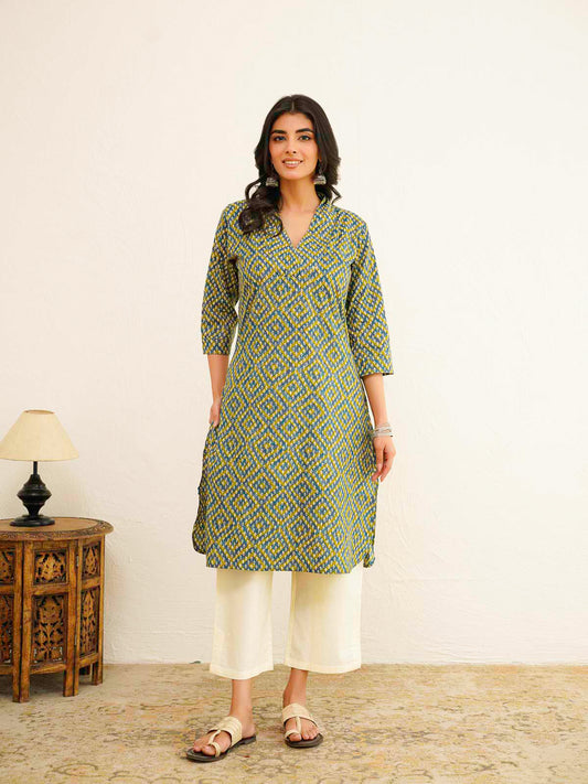 Cotton Printed Straight Kurta Green Bndhej