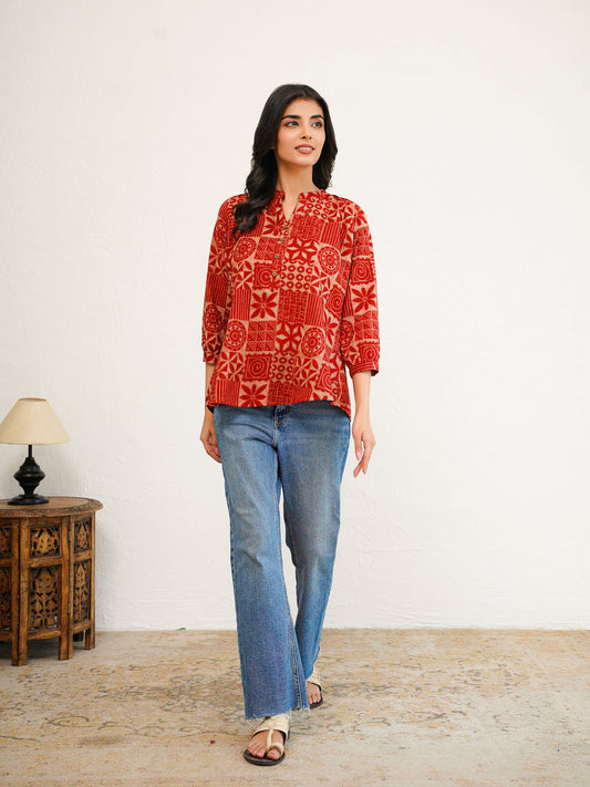 Cotton Printed Everyday Tunic Top For Women Red
