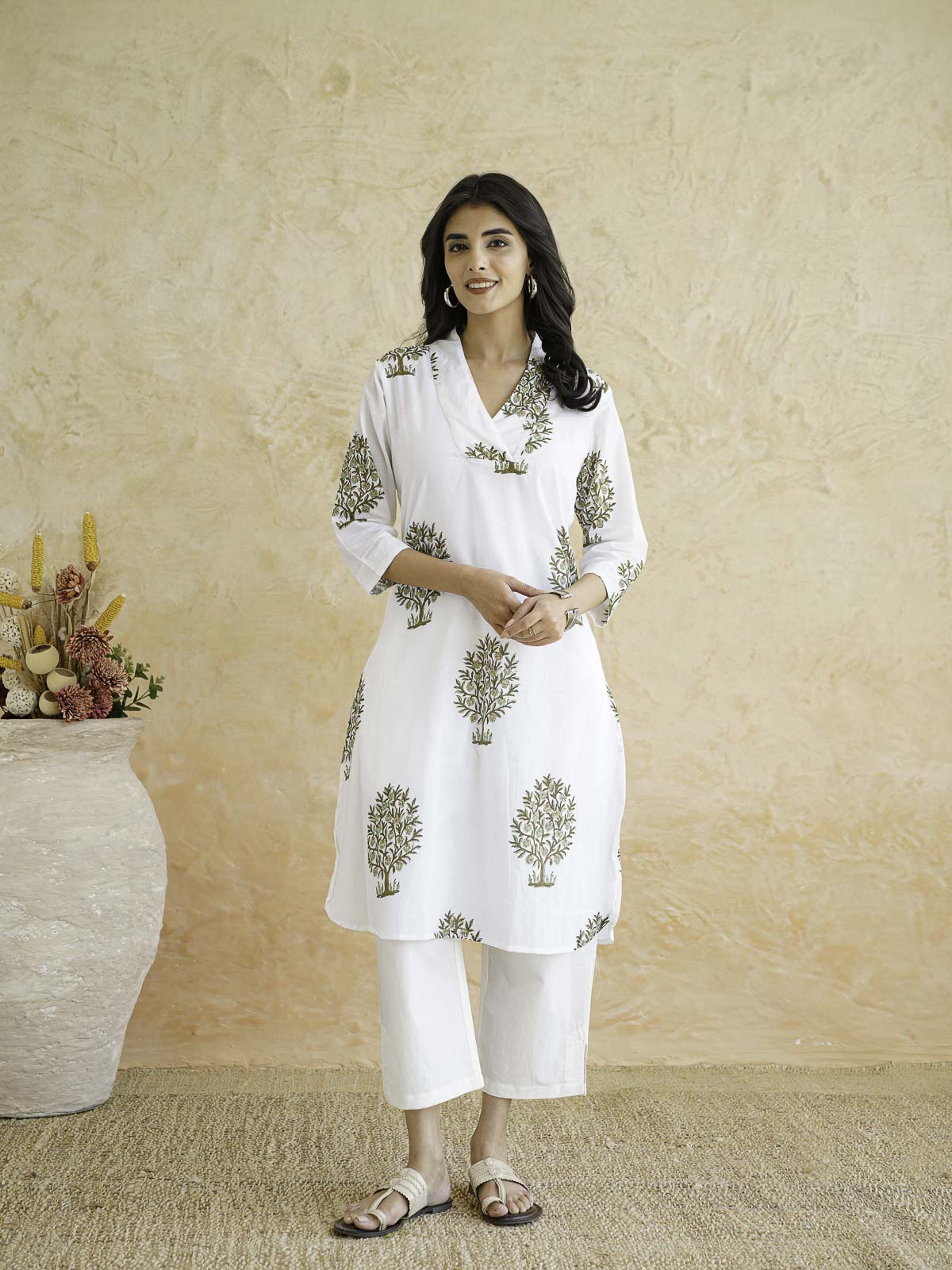 Cotton Printed Straight Kurta White
