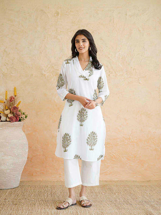 Cotton Printed Straight Kurta White