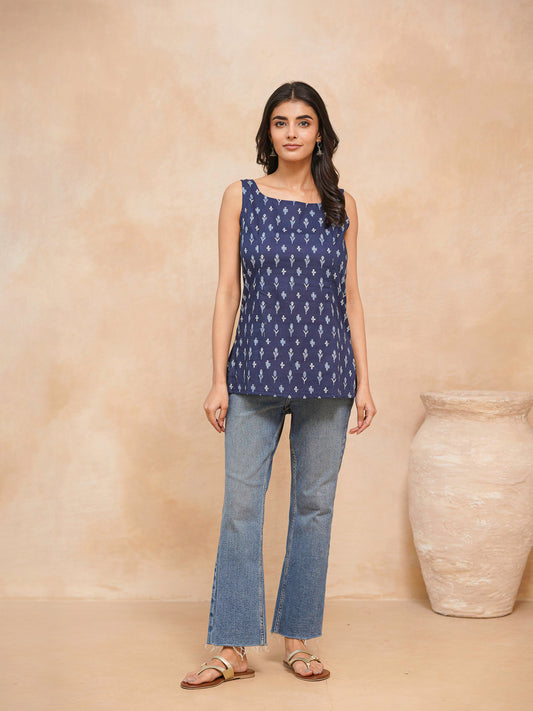 Cotton Printed Stylish Backless Tie-Up Kurti Blue