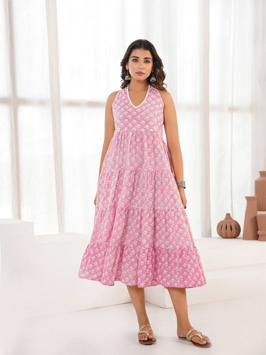 Tiered Halter Neck Dress Pink Booty