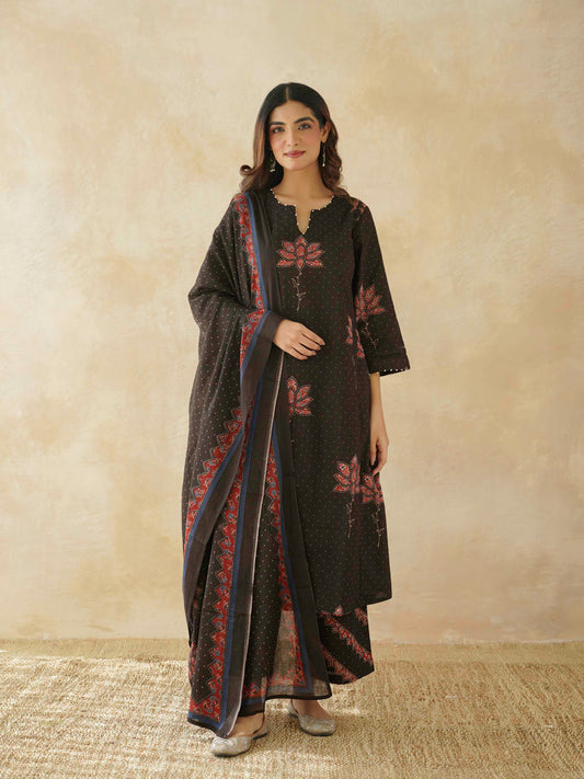 Cotton Printed Aline Geet Kurta Set For Women Black Lotus