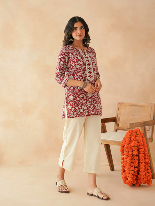 Block-Printed Cotton Zoya Kurti Red Jaal