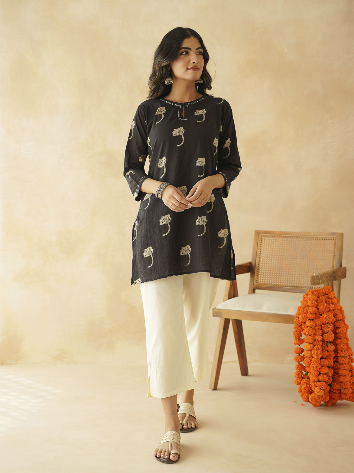 Cotton Printed Kantha Kurta Black
