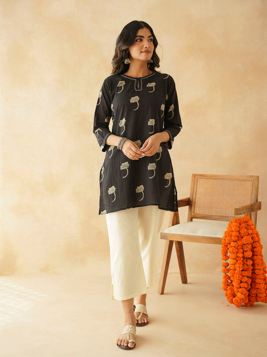 Cotton Printed Kantha Kurta Black