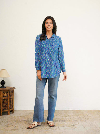 Block Printed Cotton Meher Shirt Blue Booty