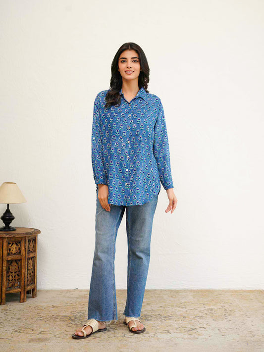 Block Printed Cotton Meher Shirt Blue Booty