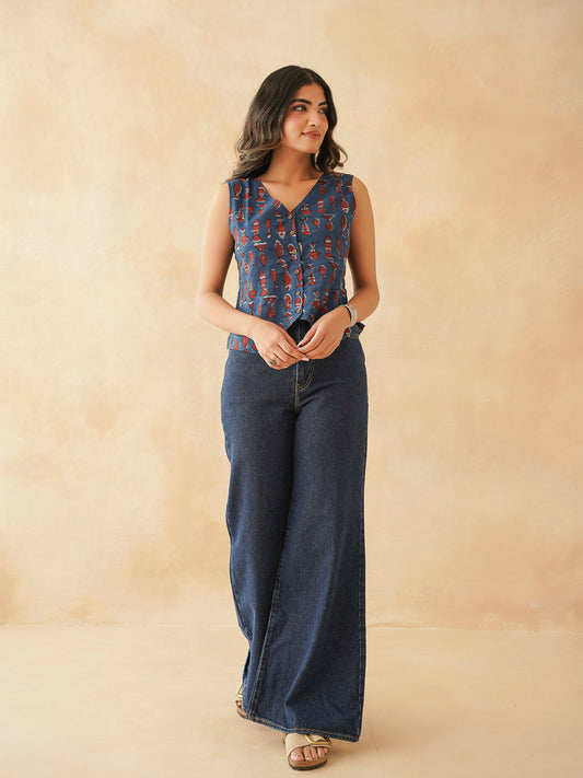 Sleeveless Cotton Block Printed Kothi Top Indigo Fish