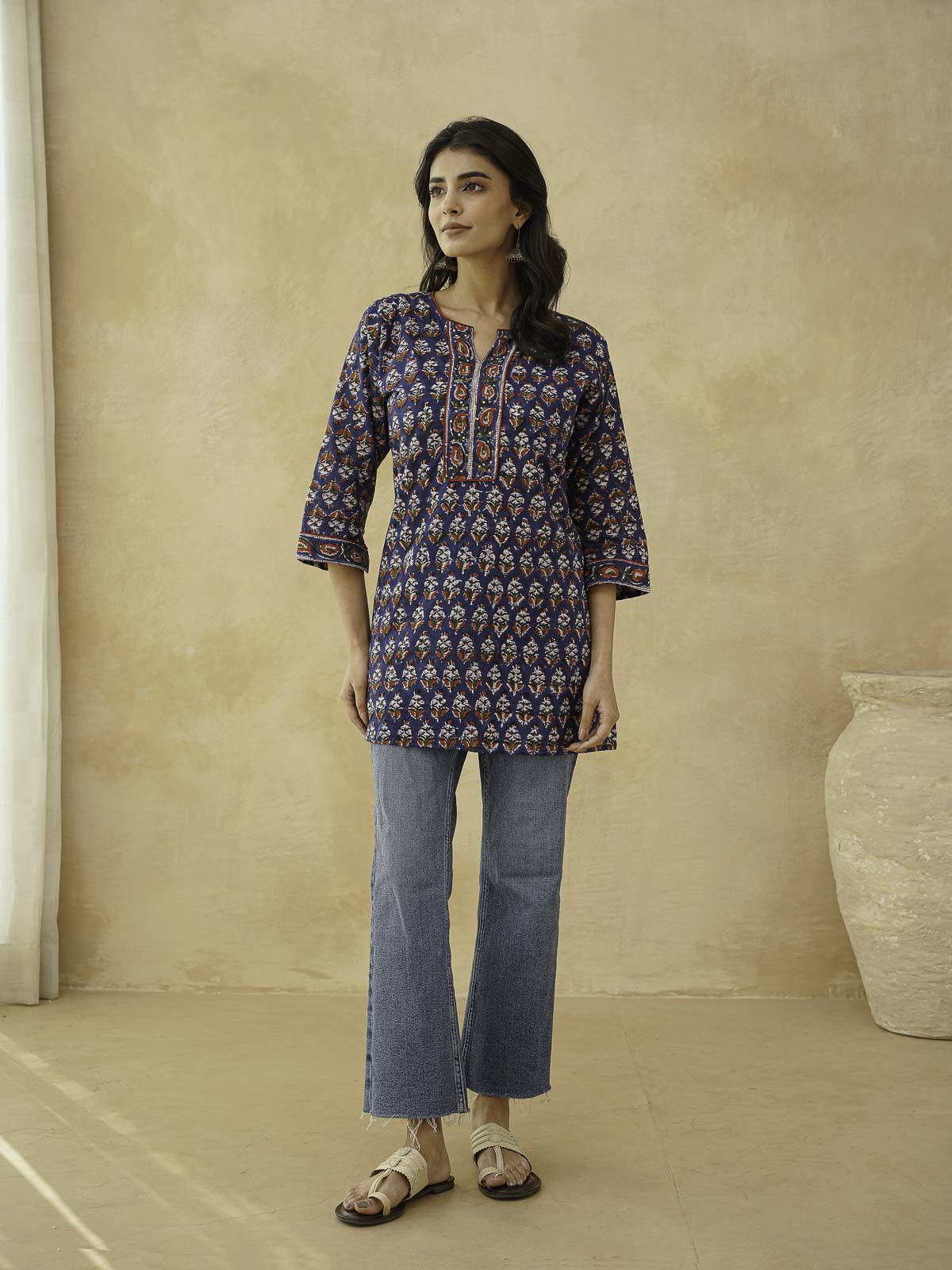 Cotton Printed Sequin Short Kurti For Women Blue