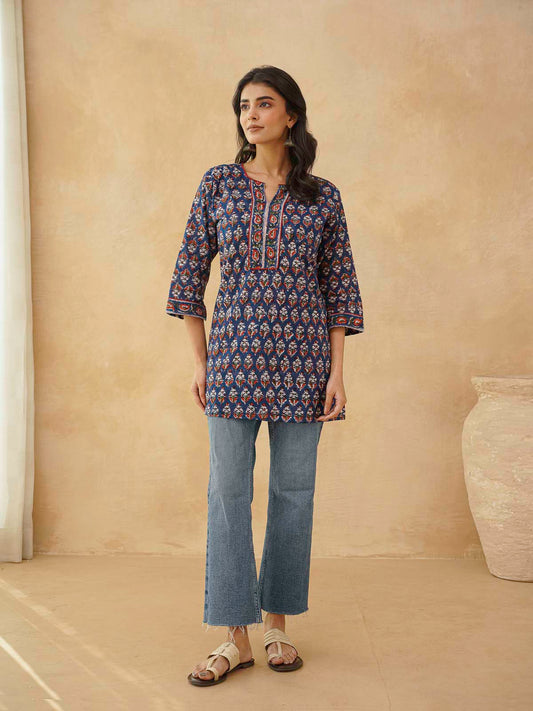 Cotton Printed Sequin Short Kurti For Women Blue